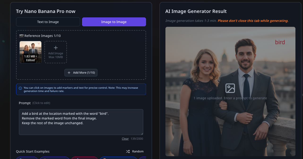 Prompt input showing instructions to add bird at marked location