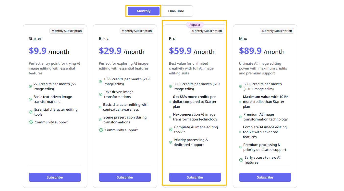 Nano Banana pricing plans showing Starter, Basic, Pro and Max tiers