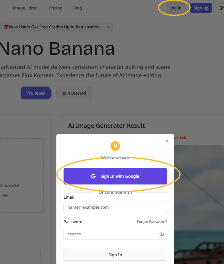 Nano Banana sign up page showing account creation form
