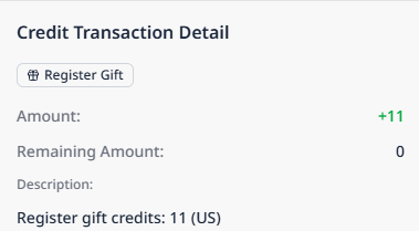 Free starter credits confirmation showing credit balance