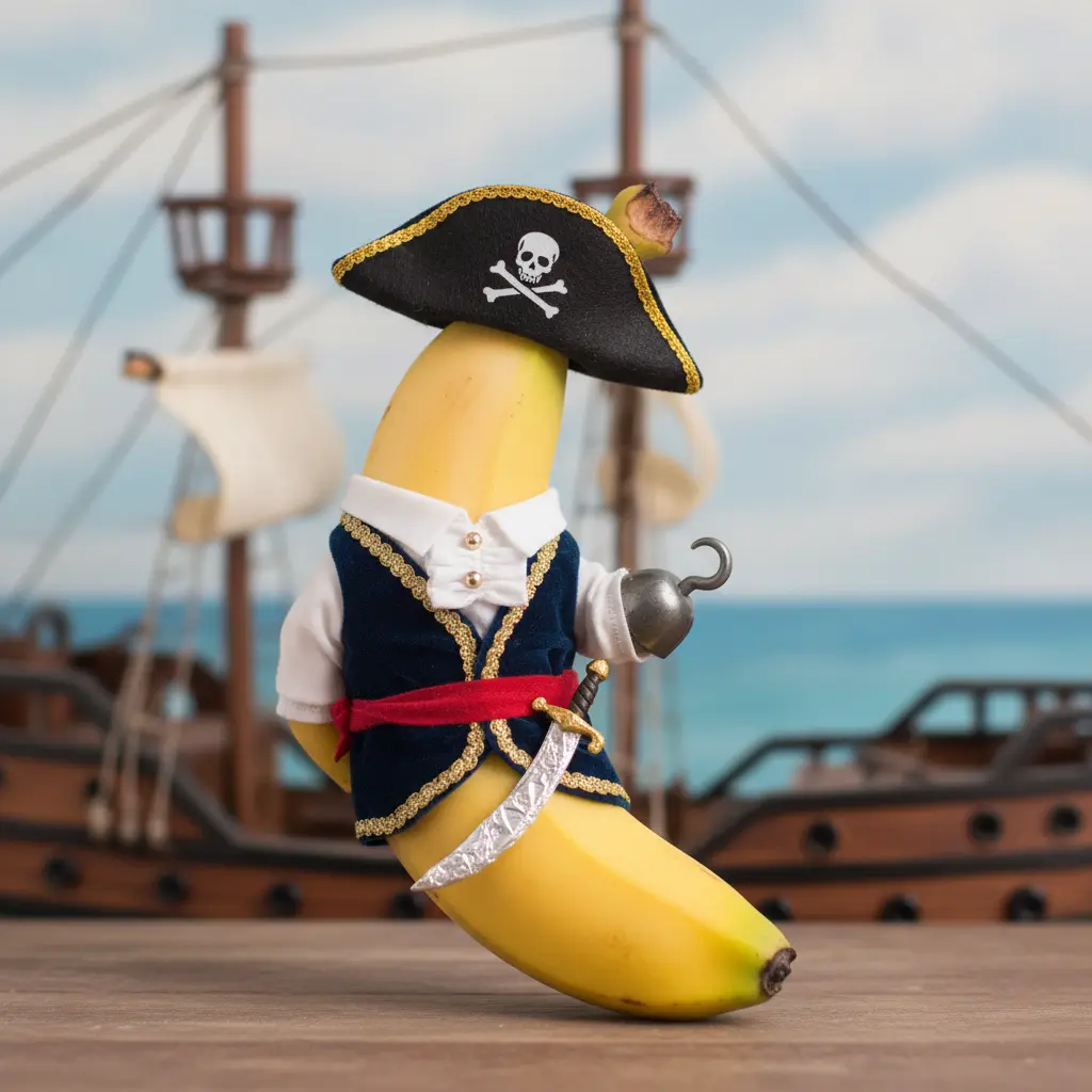 Pirate banana character created with NanoBanana AI image editing technology, fun cartoon style with pirate ship background – nanobanana.co